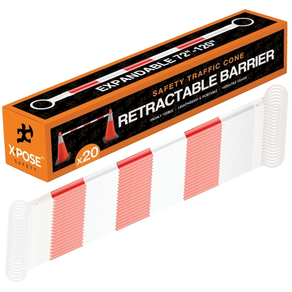 Xpose Safety Retractable Cone Bar, PVC, 72-120" Length, Orange/White - CBO72/120-20-X-S