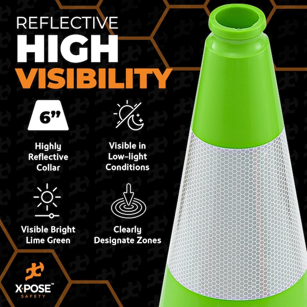 Xpose Safety Traffic Cone, PVC, 18" Height, Lime - LTC18-6-12-X-S