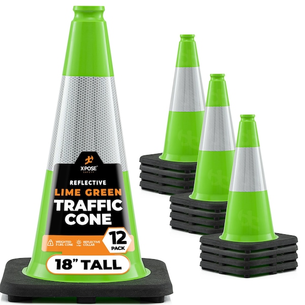 Xpose Safety Traffic Cone, PVC, 18" Height, Lime - LTC18-6-12-X-S