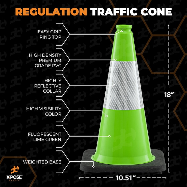 Xpose Safety Traffic Cone, PVC, 18" Height, Lime - LTC18-6-12-X-S