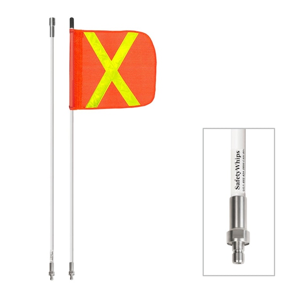 Safetywhips Warning Whip Heavy Duty Whip with Flag, White Whip, Orange Flag, Yellow Reflective X, 144 Length - SW12QDNP2-SXY