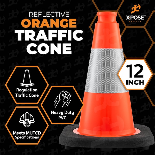 Xpose Safety Traffic Safety Cone, PVC, 12 in Height, 9 in Length, Orange - OTC12-4-4-X-S