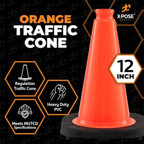 Xpose Safety Traffic Safety Cone, PVC, 12 in Height, 9 in Length, Orange - OTC12-48-X