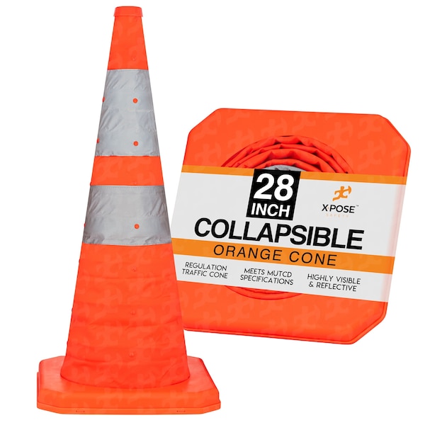 Xpose Safety Collapsible Traffic Cone, Oxford Fabric/Poly, 28" Height, Orange/White - CTC28-1-X
