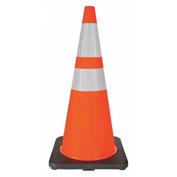 Zoro Select Traffic Cone, Standard Shape, PVC, 28 in H, Orange, 2 Reflective Stripes, Black Base - 6FHC3