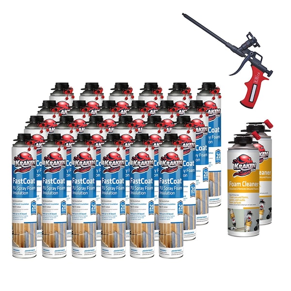 Krakenbond Krakenbond FastCoat Insulation Foam Spray, 27.1 oz, 24 Gun Use Cans, 2 Spray Foam Cleaner, 1 Spray Foam Gun, 27PK - 24FC2FGC1SG