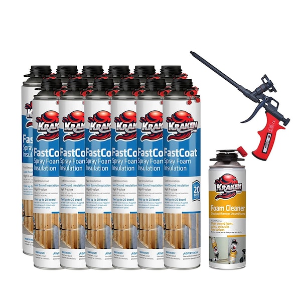 Krakenbond Krakenbond FastCoat Insulation Foam Spray, 27.1 oz, 12 Gun Use Cans, 1 Spray Foam Gun, 1 Spray Foam Cleaner, 14PK - 12FC1FGC1SG