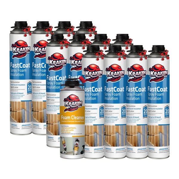 Krakenbond Krakenbond FastCoat Insulation Foam Spray, 27.1 oz, 12 Gun Use Cans, 1 Spray Foam Cleaner, 13PK - 12FC1FGC