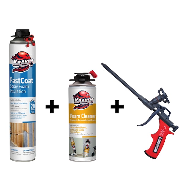 Krakenbond Krakenbond FastCoat Insulation Foam Spray, 27.1 oz, 1 Gun Use Can, 1 Spray Foam Gun, 1Spray Foam Cleaner, 3PK - 1FC1FGC1SG