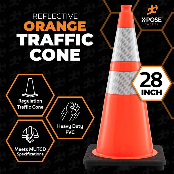 Xpose Safety Traffic Safety Cone, PVC, 28 in Height, 14 in Length, Orange - OTC28-64-HP150-X