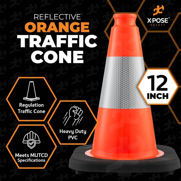 Xpose Safety Traffic Safety Cone, PVC, 12 in Height, 9 in Length, Orange - OTC12-4-FP880-X