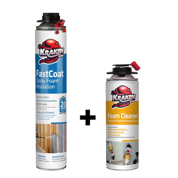 Krakenbond Krakenbond FastCoat Insulation Foam Spray, 27.1 oz, 1 Gun Use Can, 1 Spray Foam Cleaner, 2PK - 1FC1FGC