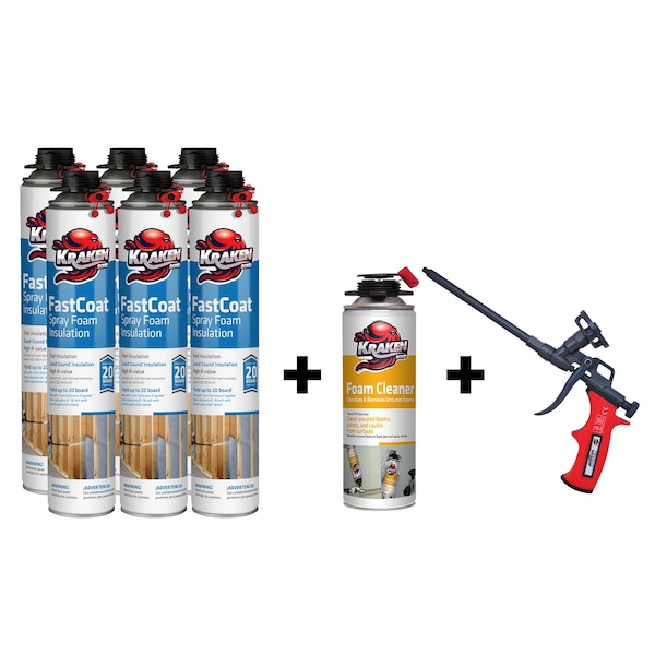 Krakenbond Krakenbond FastCoat Insulation Foam Spray, 27.1 oz, 6 Gun Use Cans, 1 Spray Foam Cleaner, 1 Spray Foam Gun, 8PK - 6FC1FGC1SG
