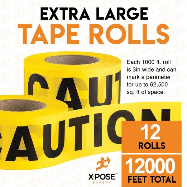 Xpose Safety 12pk Caution/Cuidado Tape Roll, 12 Rolls, 1000 Ft x 3 In Wide Each, Yellow Safety Tape, 12PK - PCCT-12-X-S
