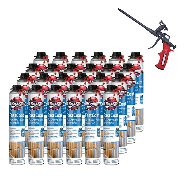 Krakenbond Krakenbond FastCoat Insulation Foam Spray, 27.1 oz, 24 Gun Use Cans, 1 Spray Foam Gun, 25PK - 24FC1SG