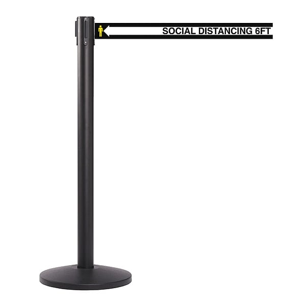 Zoro Select Retractable Belt and Stanchion Post, Social Distancing 6 ft, Black, 2 in Wide x 13 ft Length, Steel - PRC218BK