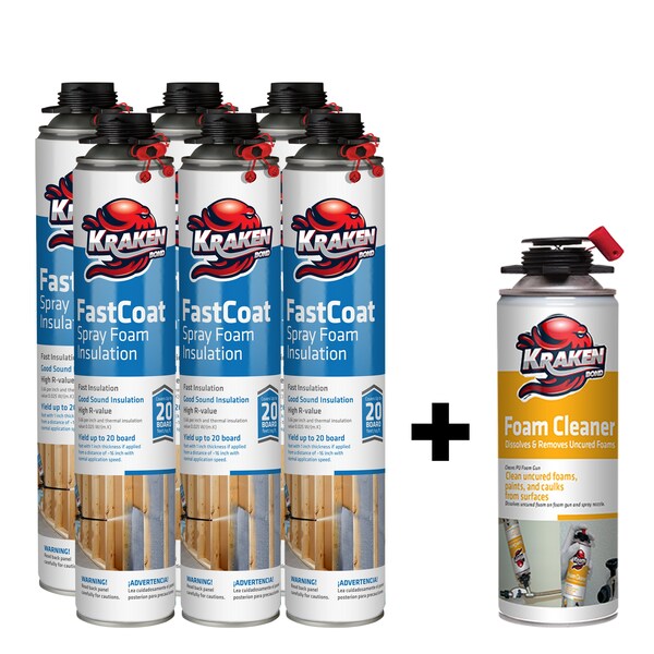 Krakenbond Krakenbond FastCoat Insulation Foam Spray, 27.1 oz, 6 Gun Use Cans, 1 Spray Foam Cleaner, 7PK - 6FC1FGC