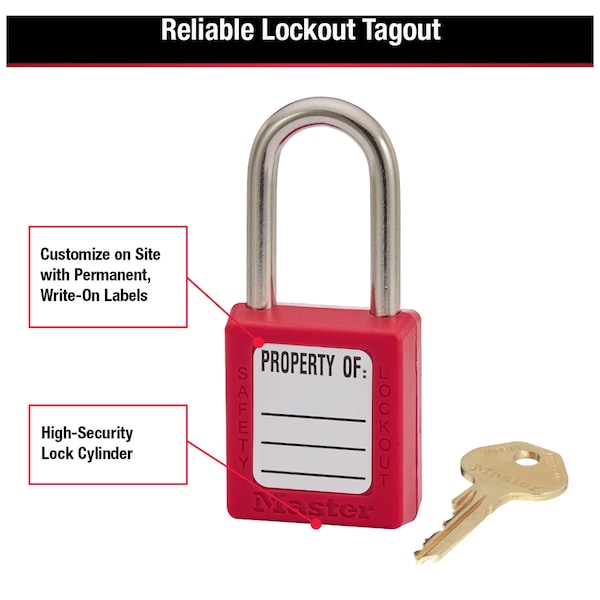 Master Lock Lockout Padlock, Keyed Different, Thermoplastic, Standard Body, Steel, Red, Pack of 1 - 410RED