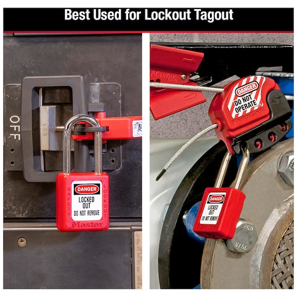 Master Lock Lockout Padlock, Keyed Different, Thermoplastic, Standard Body, Steel, Red, Pack of 1 - 410RED