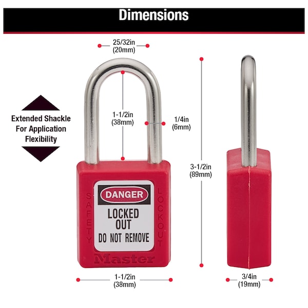 Master Lock Lockout Padlock, Keyed Different, Thermoplastic, Standard Body, Steel, Red, Pack of 1 - 410RED