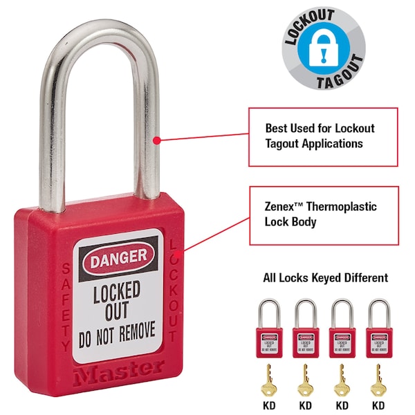 Master Lock Lockout Padlock, Keyed Different, Thermoplastic, Standard Body, Steel, Red, Pack of 1 - 410RED