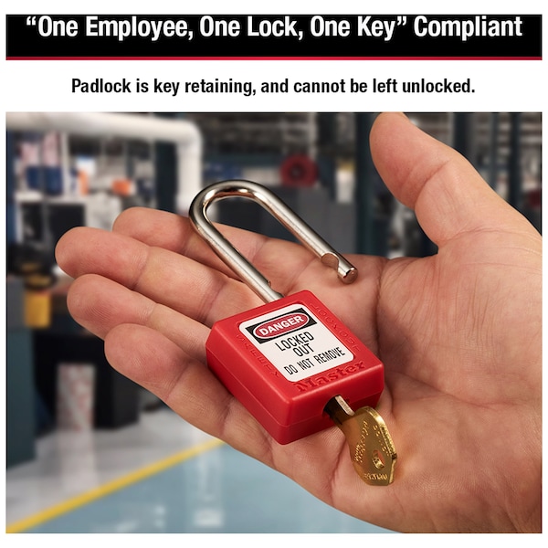 Master Lock Lockout Padlock, Keyed Different, Thermoplastic, Standard Body, Steel, Red, Pack of 1 - 410RED