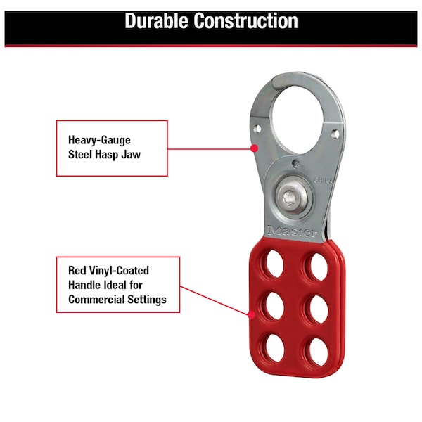 Master Lock Lockout Tagout Hasp with Vinyl-Coated Handle, 1 in Jaw Clearance, Steel, Red - 420