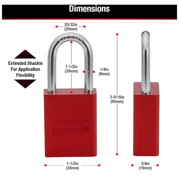 American Lock Lockout Padlock, Keyed Different, Anodized Aluminum, 1 1/2 in Shackle, Includes 2 Keys, Red - A1106RED