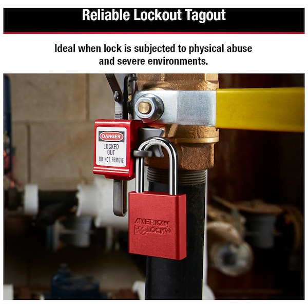 American Lock Lockout Padlock, Keyed Different, Anodized Aluminum, 1 1/2 in Shackle, Includes 2 Keys, Red - A1106RED