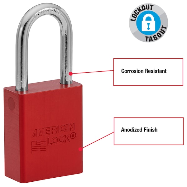 American Lock Lockout Padlock, Keyed Different, Anodized Aluminum, 1 1/2 in Shackle, Includes 2 Keys, Red - A1106RED