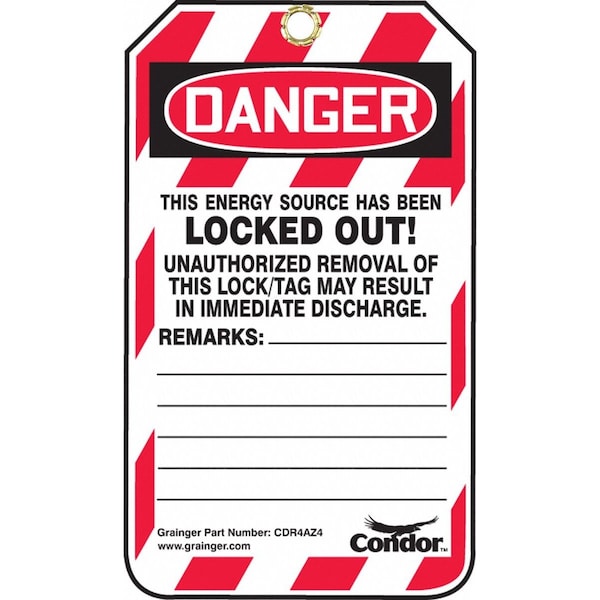 Condor Lockout Tag, Danger, Locked Out Device, Plastic, Write-On Surface, Nylon Ties, English, 25 Per Pack - 48RU17