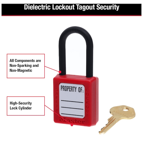 Master Lock Lockout Padlock, Keyed Different, Thermoplastic, 1 1/2 in Shackle, Polypropylene, English, Red - 406RED