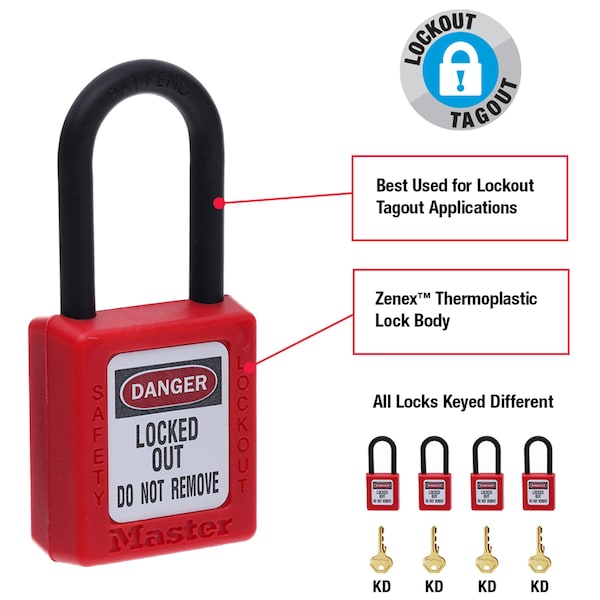 Master Lock Lockout Padlock, Keyed Different, Thermoplastic, 1 1/2 in Shackle, Polypropylene, English, Red - 406RED