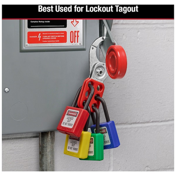 Master Lock Lockout Padlock, Keyed Different, Thermoplastic, 1 1/2 in Shackle, Polypropylene, English, Red - 406RED