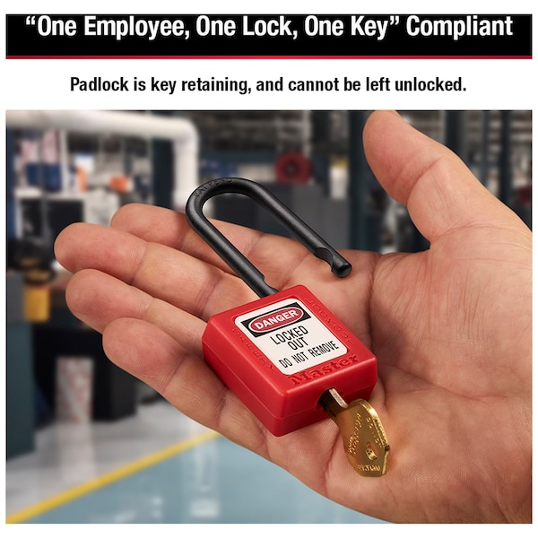 Master Lock Lockout Padlock, Keyed Different, Thermoplastic, 1 1/2 in Shackle, Polypropylene, English, Red - 406RED