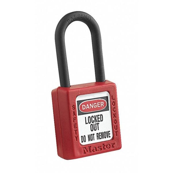 Master Lock Lockout Padlock, Keyed Different, Thermoplastic, 1 1/2 in Shackle, Polypropylene, English, Red - 406RED