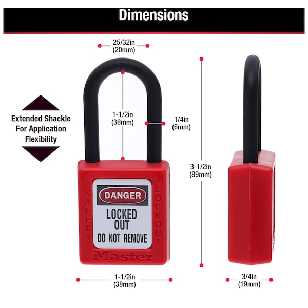 Master Lock Lockout Padlock, Keyed Different, Thermoplastic, 1 1/2 in Shackle, Polypropylene, English, Red - 406RED