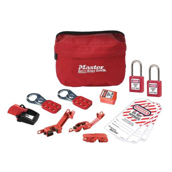 Master Lock Electrical Lockout Tagout Kit, Keyed Alike, 12 Components, Portable, Cloth Case, Red - S1010E410KA