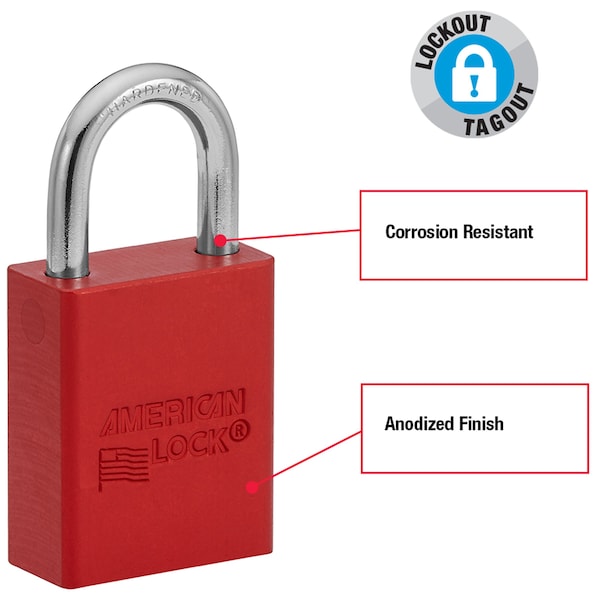 American Lock Anodized Aluminum Safety Padlock, Keyed Different, 1-1/2 in Wide with 1 in Tall Shackle, Red - A1105RED