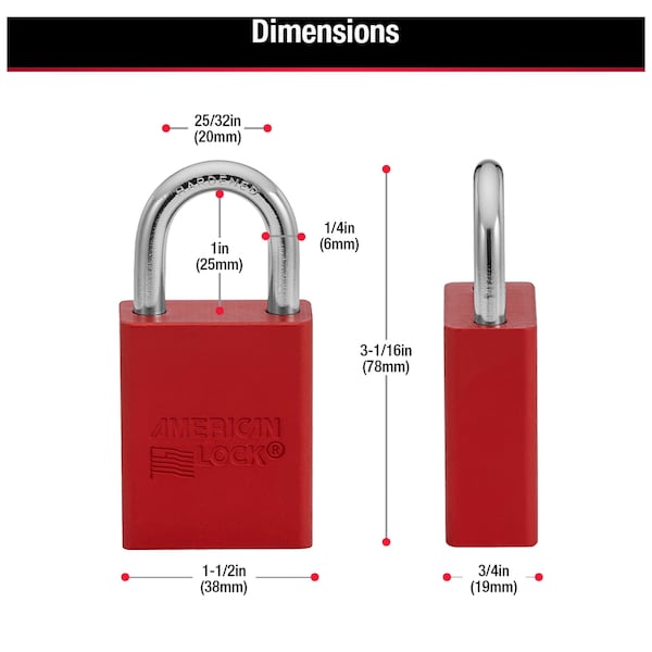 American Lock Anodized Aluminum Safety Padlock, Keyed Different, 1-1/2 in Wide with 1 in Tall Shackle, Red - A1105RED