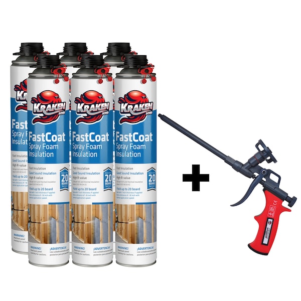 Krakenbond Krakenbond FastCoat Insulation Foam Spray, 27.1 oz, 6 Gun Use Cans, 1 Spray Foam Gun, 7PK - 6FC1SG