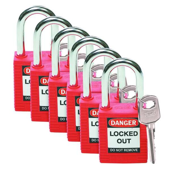 Brady Lockout Padlock, Keyed Different, Nylon, Standard Body Size, 1-3/4 in H, Red, Pack of 6 - 51339