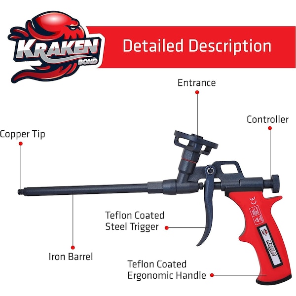 Krakenbond Krakenbond Spray Foam Gun, Professional Foam Gun for Window, Door, Teflon Covered, PTFE Non-stick, 12PK - KR3801ACC-20