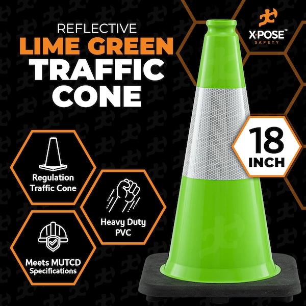 Xpose Safety Traffic Cone, PVC, 18" Height, Lime - LTC18-6-24-X