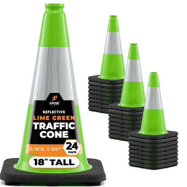 Xpose Safety Traffic Cone, PVC, 18" Height, Lime - LTC18-6-24-X