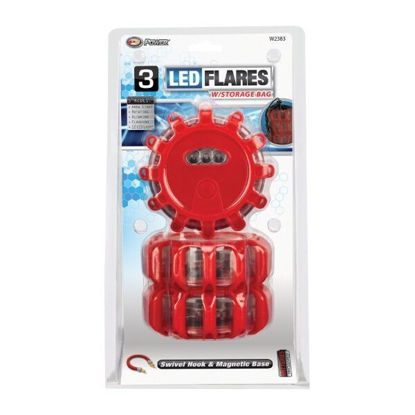 Perform Tool Safety Flare Red LED Road Flares; With Magnetic Back; Set Of 3; With Swivel Hook And Mesh Storage - W2383