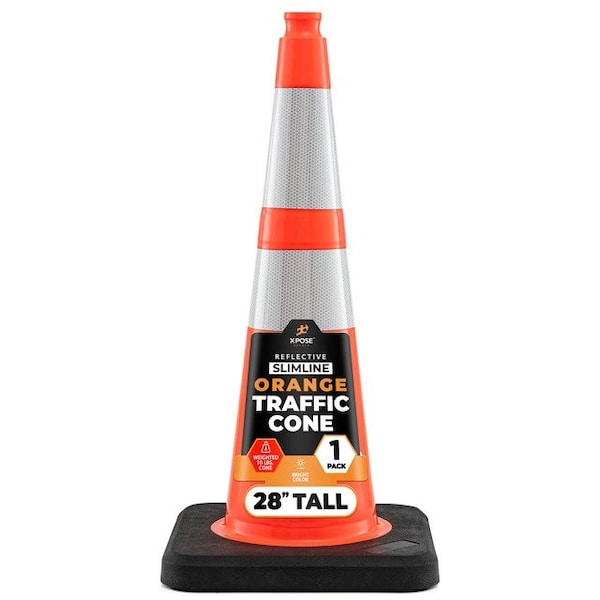 Xpose Safety 28 In Orange Slim Line Traffic Cones Heavy Duty 10lb with 6 & 4 Collars, 1-PK - OTC28SL-64-10L-1-X