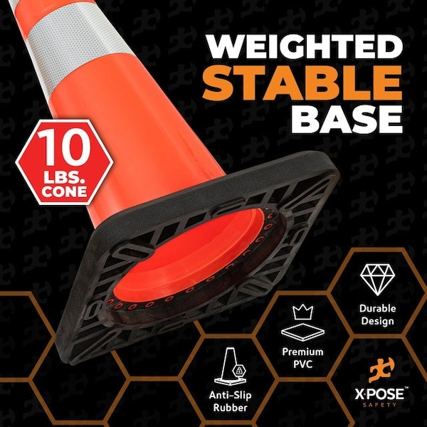Xpose Safety 28 In Orange Slim Line Traffic Cones Heavy Duty 10lb with 6 & 4 Collars, 1-PK - OTC28SL-64-10L-1-X