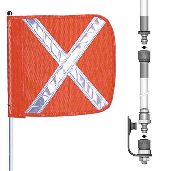 Checkers Warning Whip with Reflective X Flag, White Whip, Orange Flag, Fiber Glass, Split Pole - FS10X-SPQD-O