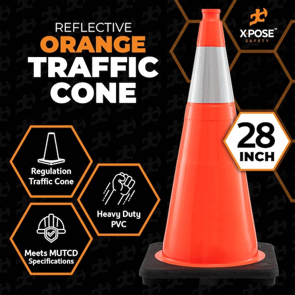 Xpose Safety Traffic Cone, PVC, 28" Height, Orange - OTC28-6-4-X-S
